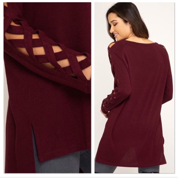 Wine Criss Cross Sleeve High Low Top - Picture 4 of 7